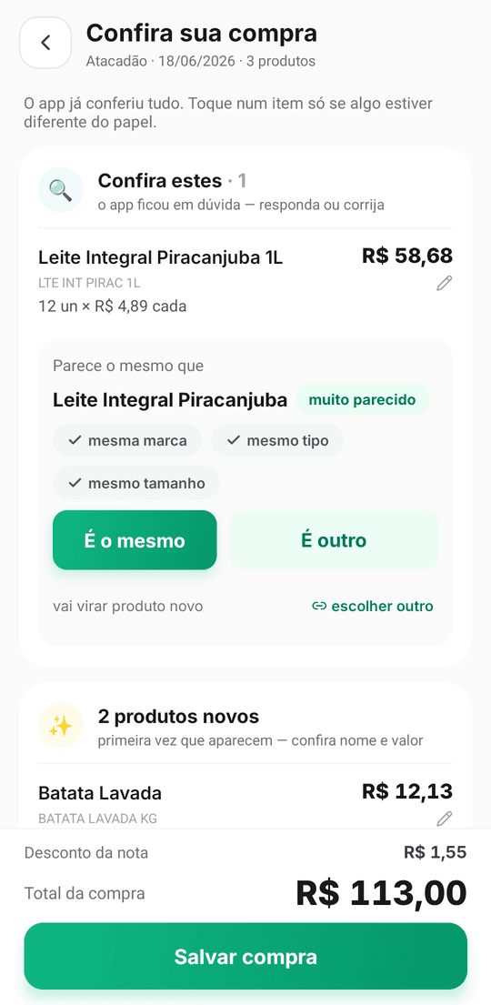 Tela “Confira sua compra” do Cestou: o item que deu dúvida aparece em “Confira estes”, com a sugestão “Parece o mesmo que Leite Integral Piracanjuba”, o selo “muito parecido”, os motivos “mesma marca, mesmo tipo, mesmo tamanho” e os botões “É o mesmo” e “É outro”